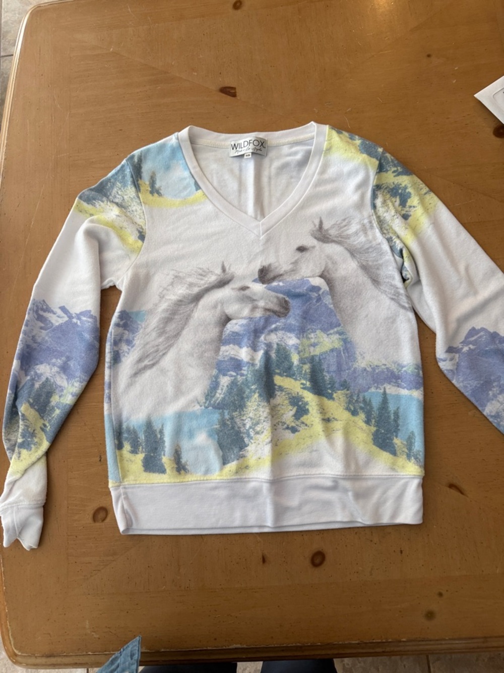 Wildfox White V-Neck Sweatshirt with Horse & Pastel Landscape